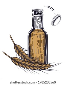 Opening beer bottle with flying off cap and wheat spikes. Hand drawn vector, engraving style