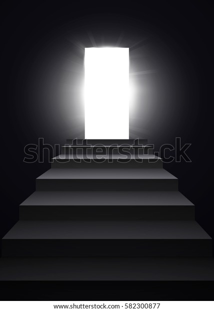 暗い部屋の階段で 明るく光る黒いドアを開ける ベクターイラスト Eps10 のベクター画像素材 ロイヤリティフリー