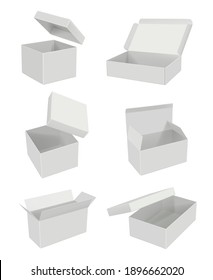 Opening blank boxes. Realistic mockup white cardboard gift packages decent vector 3d set