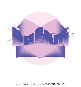 Opening Book with Bold Wavy Typography, Purple and Pink Tone, Brutalism Style Illustration