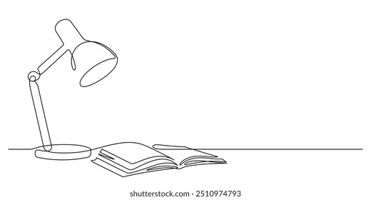 opening book and lamp workplace desk organizer one line drawing vector illustration minimalist art back to school concept
