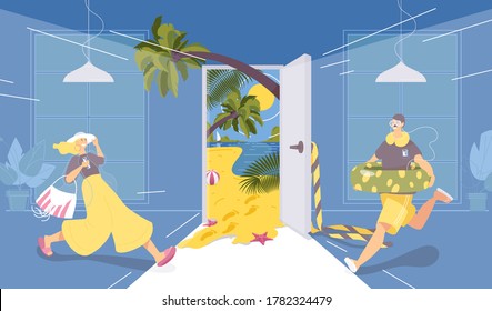 Opening borders after covid-19 quarantine. Vacation at sea and lockdown. Happy characters running to open door to palms, tropical sea and relax