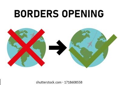 Opening borders between countries during the coronavirus pandemic. Free movement and international travel around the world. Stock vector illustration isolated on white background.