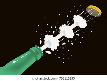 Opening Of Bottle Of Beer With Taking The Cap Off And Making Splash.  Dynamic Illustration. Vector Graphic.