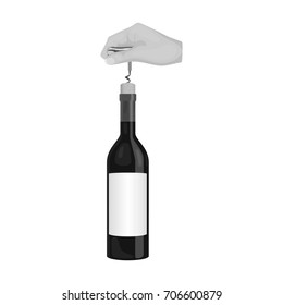 Opening the bottle with a corkscrew. Manipulation with a corkscrew single icon in monochrome style vector symbol stock illustration web.