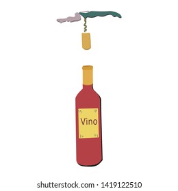 Opening bottle of wine with corkscrew. Illustration on white background. Design element isolated on white background. Vector illustration.