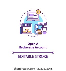 Opening brokerage account concept icon. Stock trading step idea thin line illustration. Investment account. Setting aside money. Vector isolated outline RGB color drawing. Editable stroke