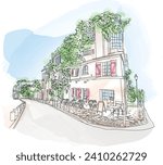 Opening of cafe, waiting for customers, summer season, Cafe beautiful architecture in Montmartre,  France. Vector illustration SHOTLISTtravel, EnrouteFrance