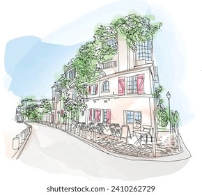 Opening of cafe, waiting for customers, summer season, Cafe beautiful architecture in Montmartre,  France. Vector illustration SHOTLISTtravel, EnrouteFrance