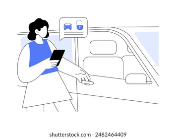 Opening a car isolated cartoon vector illustrations. Girl holding a smartphone and opening her car, urban lifestyle, city transportation, automobile driver, vehicle rental vector cartoon.