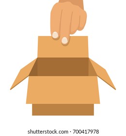 Opening cardboard box. Presenting gift. Vector illustration flat design. Isolated on white background. Template for objects, elements. Empty paper box. Mail delivery. Package in hand man.