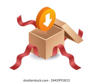 Opening a cardboard parcel flat isometric 3d illustration