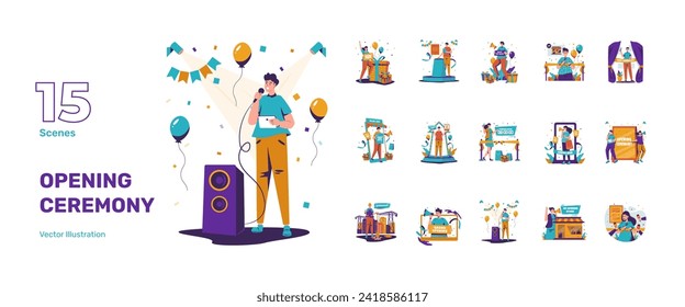 Opening ceremonies, business marketing grand launching strategy, store reopening with ribbon cutting ceremony illustration set