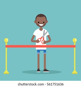 Opening ceremony concept. Red ribbon. Young black man holding scissors / flat editable vector illustration, clip art