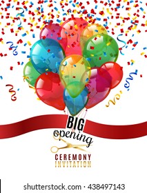 Opening ceremony invitation realistic background with scissors and balloons vector illustration