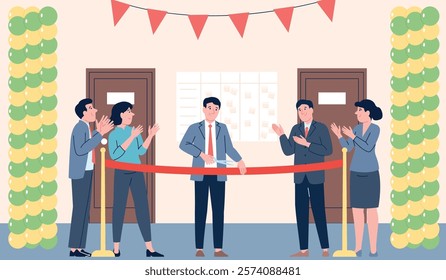 Opening ceremony. Owner boss cutting red ribbon on inauguration new office store building company. Managers team clapping, flat business recent vector scene