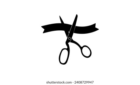 Opening ceremony, scissors and ribbon, black isolated silhouette