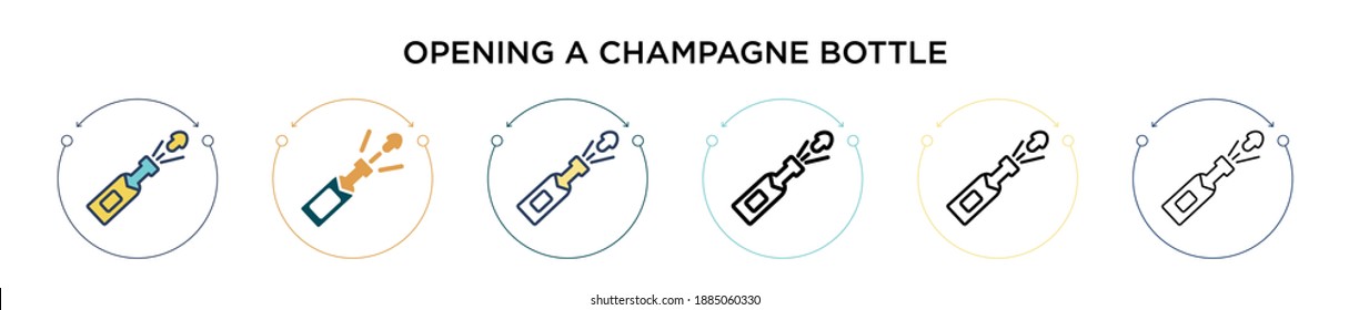 Opening a champagne bottle icon in filled, thin line, outline and stroke style. Vector illustration of two colored and black opening a champagne bottle vector icons designs can be used for mobile,