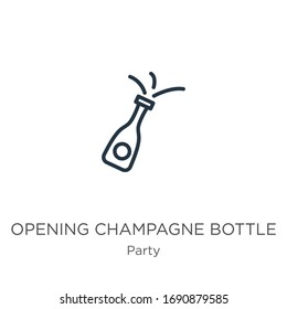 Opening champagne bottle icon. Thin linear opening champagne bottle outline icon isolated on white background from party collection. Line vector sign, symbol for web and mobile