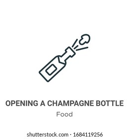 Opening a champagne bottle outline vector icon. Thin line black opening a champagne bottle icon, flat vector simple element illustration from editable food concept isolated stroke on white background