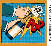 opening champagne bottle  pop art retro style. Wedding, anniversary, birthday or new year. Alcoholic beverages wine and restaurants. Drink. Explosion foam tube moment of triumph. Your brand here