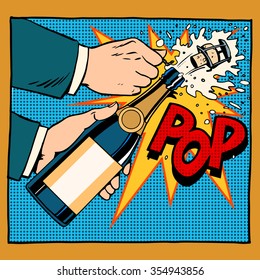 Opening Champagne Bottle  Pop Art Retro Style. Wedding, Anniversary, Birthday Or New Year. Alcoholic Beverages Wine And Restaurants. Drink. Explosion Foam Tube Moment Of Triumph. Your Brand Here