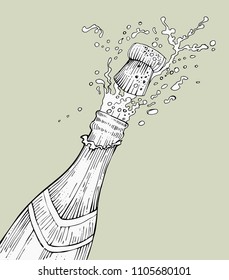 Opening champagne bottle popping, vector, outlines