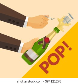 Opening Champagne Bottle. Vector Flat Illustration