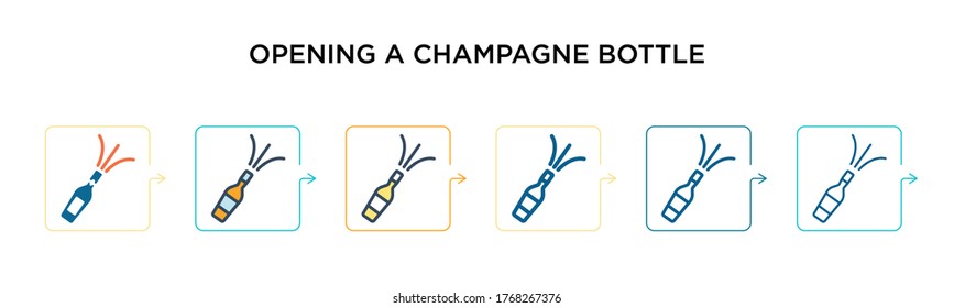 Opening a champagne bottle vector icon in 6 different modern styles. Black, two colored opening a champagne bottle icons designed in filled, outline, line and stroke style. Vector illustration can be