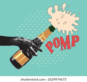 Opening champagne bottles.Trendy collage art. Alcoholic drinks, wine and restaurants. Drink. Explosion. Design for poster, banner or greeting card. Vector Pop art retro illustration.