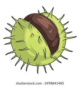 Opening chestnut colorful vintage label with bursting green peel for design of books about botanicals and plant growing vector illustration