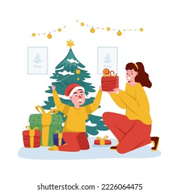 Opening a Christmas gift from mom flat illustration