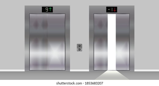 Opening and closed chrome metal office building lift elevator doors. Realistic vector illustration.