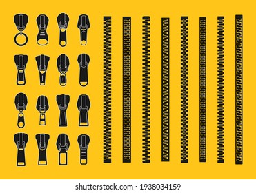 Opening and closed zipper and its parts. Set of different shape sliders, clothing hardware, design elements for cutting and sewing.