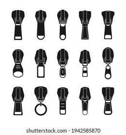 Opening and closed zipper and its parts. Set of different shape sliders, clothing hardware, design elements for cutting and sewing.