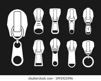 Opening and closed zipper and its parts. Set of different shape sliders, clothing hardware, design elements for cutting and sewing.