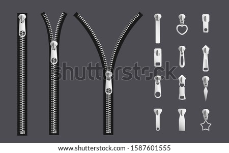 Opening and closed zipper and its parts - silver steel metal realistic fabric fastener collection with different shapes of slider puller. Isolated vector illustration.