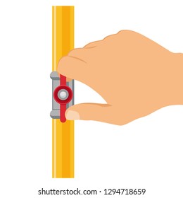 Opening or closing the gas pipeline gate, pipeline with valve and manometer. Arm opens or closes pipeline valve, gas pipe shut off. Vector illustration.