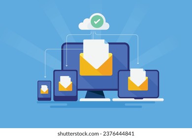 Opening cloud email document, Cloud computing, Cloud network, opening email on different digital devices - vector illustration with icons