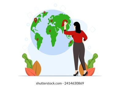 opening a company branch, expanding business worldwide, businesswoman putting new branch on the world map, Global business expansion, franchising in new locations covering all continents.