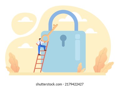 Opening concept. Character open something new. Path to the future, new opportunity and beginning. Flat vector illustration