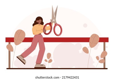 Concepto de apertura. El carácter abre algo nuevo. Camino hacia el futuro, nueva oportunidad y comienzo. Ilustración vectorial plana