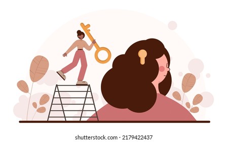 Opening concept. Character open something new. Path to the future, new opportunity and beginning. Flat vector illustration