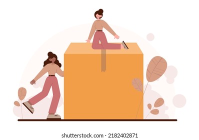 Opening concept. Character open something new. Path to the future, new opportunity and beginning. Flat vector illustration