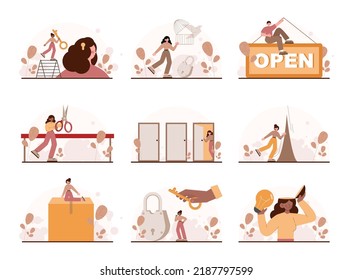 Opening concept. Character open something new. Path to the future, new opportunity and beginning. Flat vector illustration