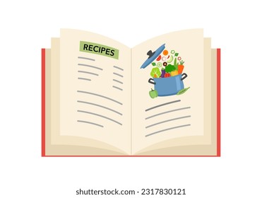 Opening cook book in flat design on white background. Recipes book concept vector illustration.