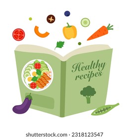 Opening cook book in flat design on white background. Healthy recipes book concept vector illustration.