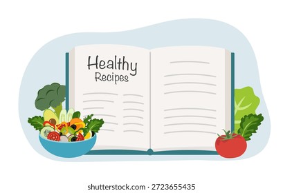 Abrindo livro de cozinheiro em design plano sobre fundo branco. Receitas saudáveis livro conceito vetor ilustração.