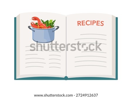 Opening cook book in flat design on white background. Recipes book concept vector illustration.