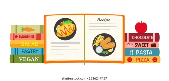 Opening cook book, recipe book. Shelf with books about cooking, food and drinks. Banner for library, bookstore, book shop. vector illustration in flat design.